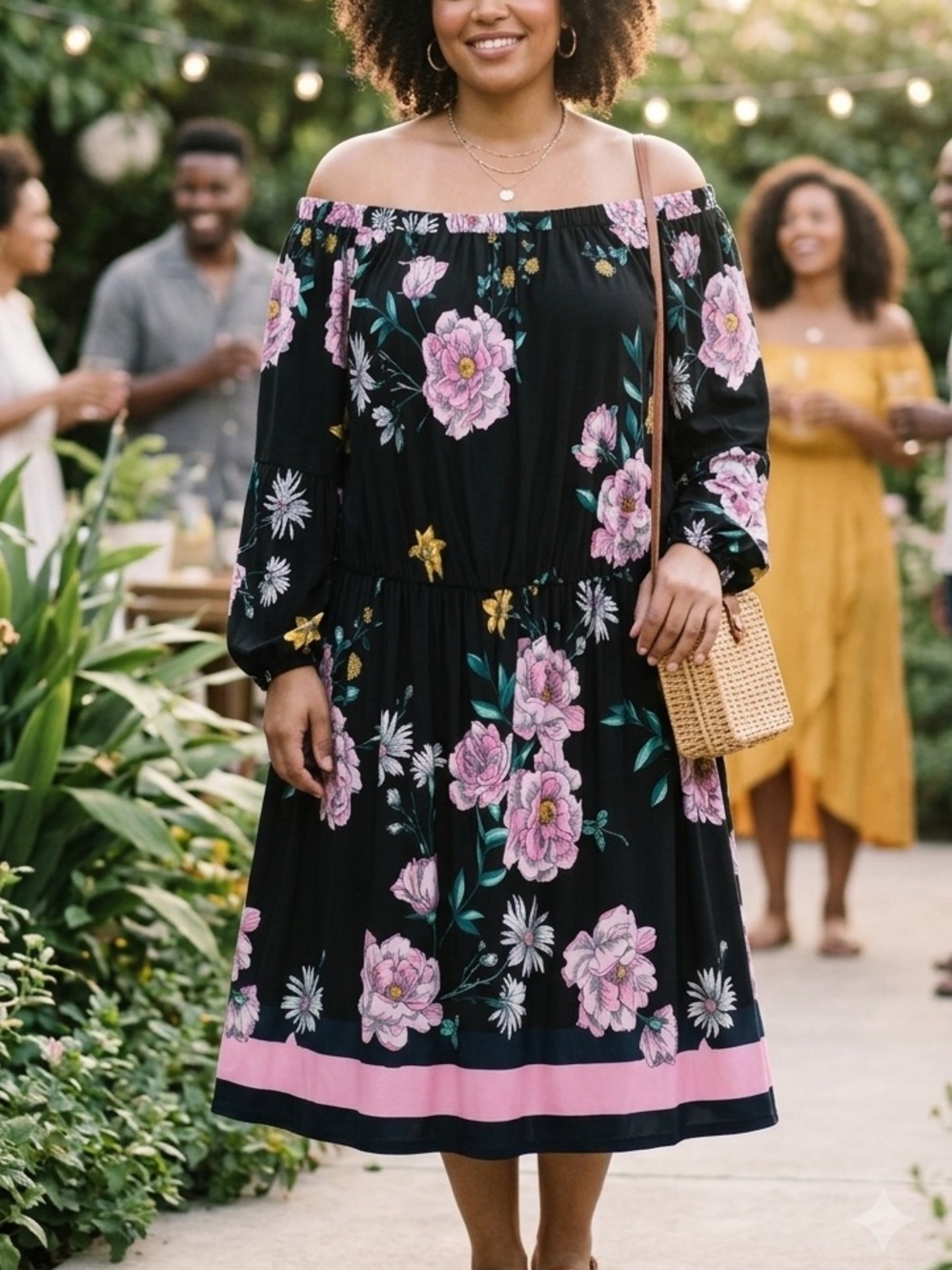 Lane Bryant Floral Off The Shoulder Dress Black Pink Plus Sz 26/28 Bishop Sleeve